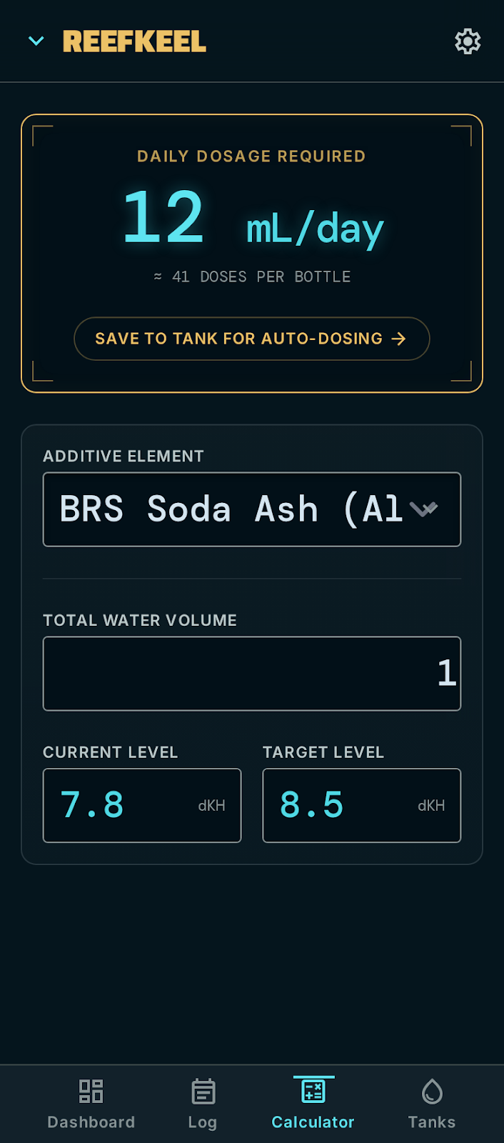 Reefkeel dosing calculator showing 12 mL/day required.
