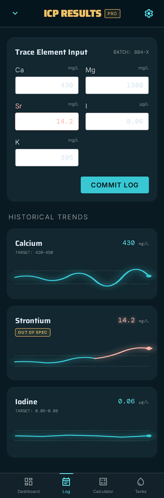 Reefkeel ICP results showing calcium, strontium out of spec, and iodine trends.