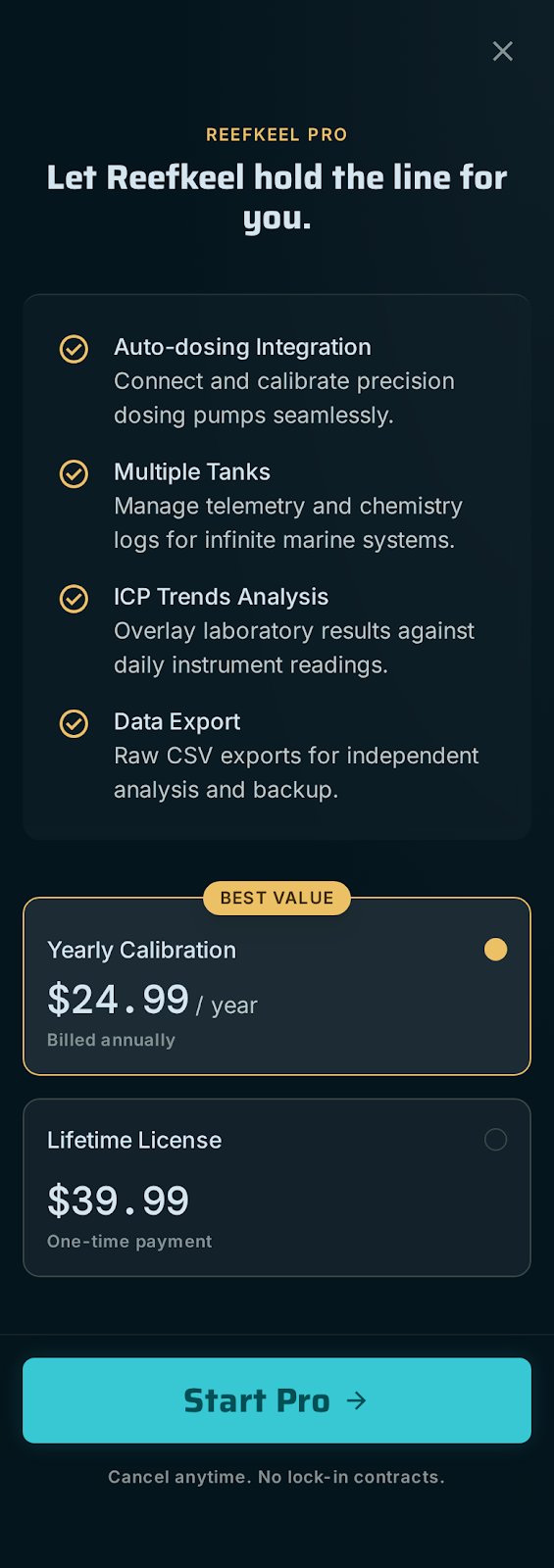 Reefkeel Pro plans — $24.99/year or $39.99 lifetime.
